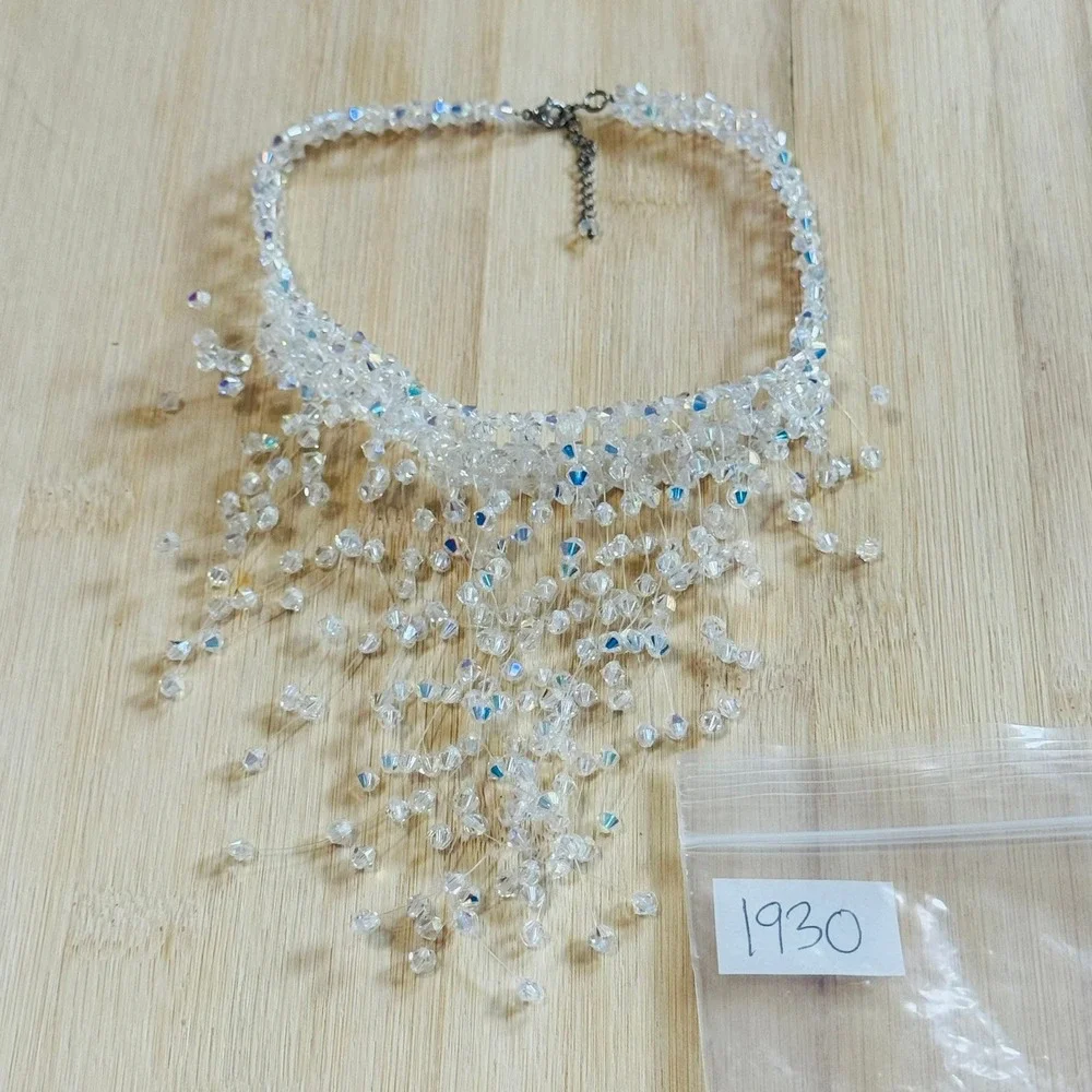 Vtg Waterfall Cascading Necklace Aurora‎ Borealis Crystal Statement Sparkly 14
